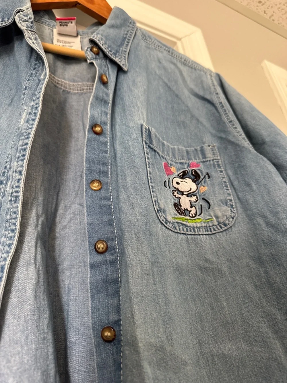 Vtg 90s Peanuts Snoopy Embroidered Denim Button Down Shirt Plus Size 18W/20W - Picture 1 of 8